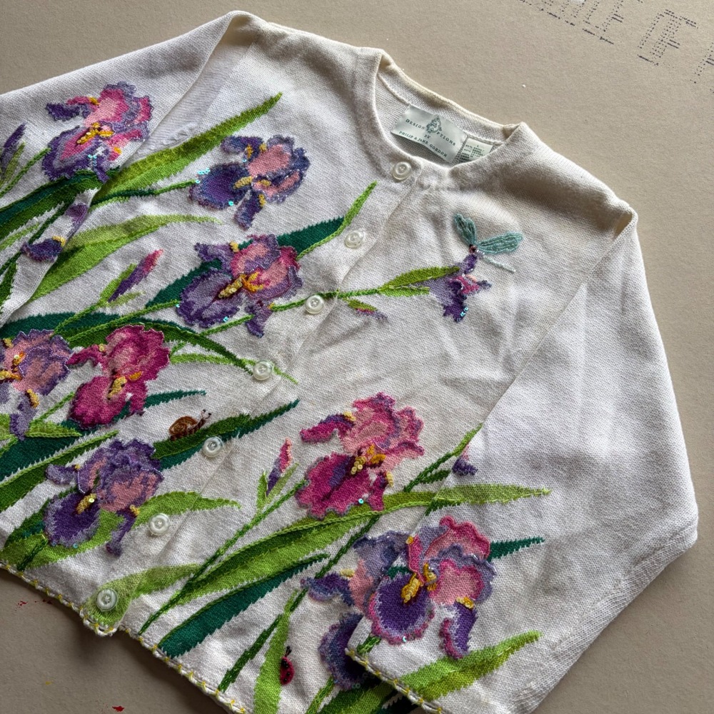Vintage 90s Design Options Floral Embroidered Sequin Cardigan Sweater